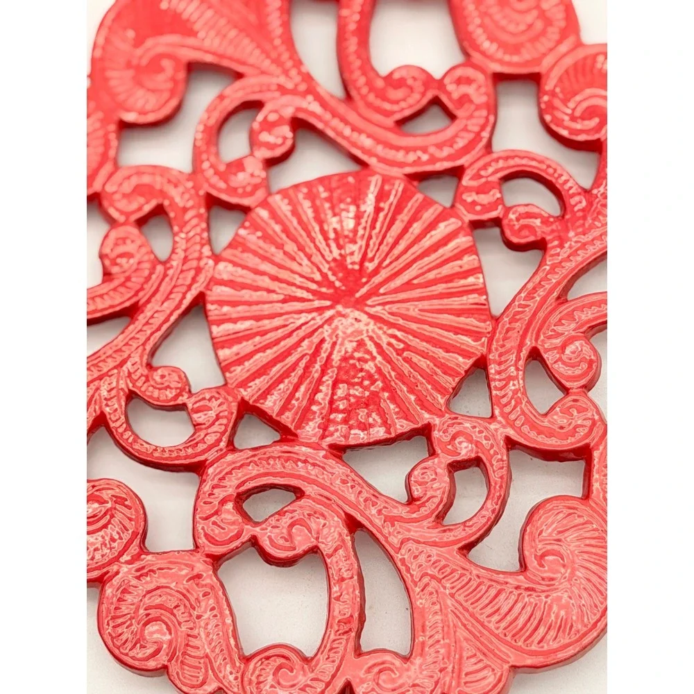 Vintage Red Cast Iron Trivet Round Enamel Filigree Scrollwork 8 Inch Hot Pad